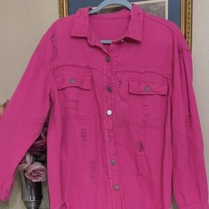 Pink Distressed Button-Up Shirt jacket Shacket Distressed Glam Pretty Y2k